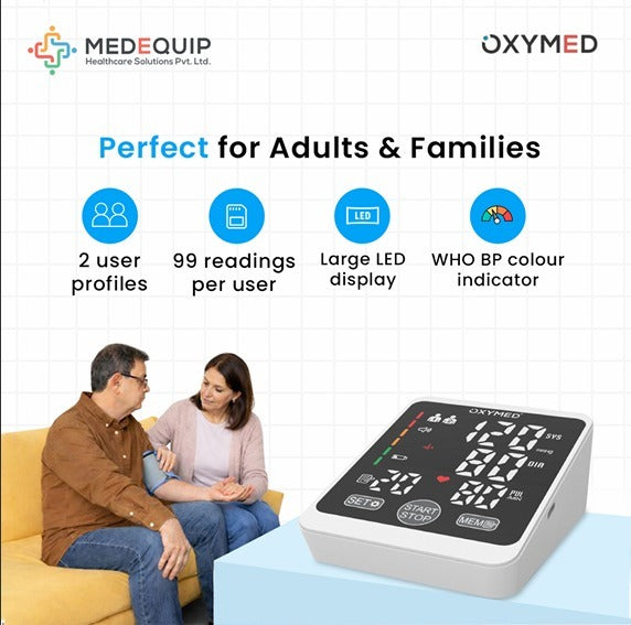 Oxymed Fully Automatic Digital Blood Pressure Monitor for Home Use – Upper Arm BP Machine with Large LED, Memory Storage & Hypertension Indicator